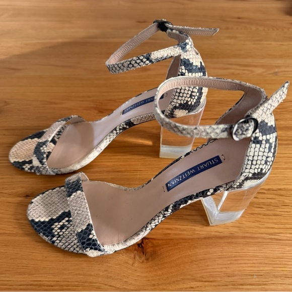 Stuart Weitzman Nearlynude Clear Heel Snake Print Sandal Heels Size 7 - Picture 14 of 14